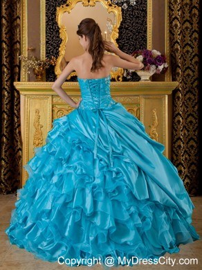 Teal Puffy Sweetheart Organza Ruffles 2013 Quinceanera Dress