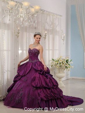 Pick-ups Purple Taffeta Sweetheart Appliques Quinceanera Dress