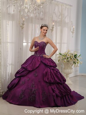 Pick-ups Purple Taffeta Sweetheart Appliques Quinceanera Dress