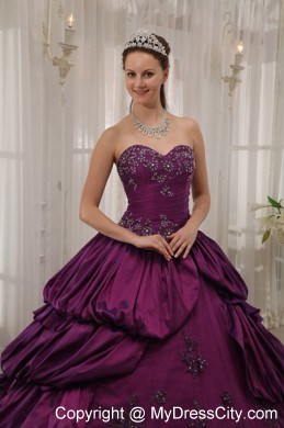 Pick-ups Purple Taffeta Sweetheart Appliques Quinceanera Dress