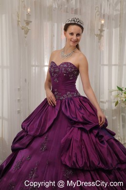 Pick-ups Purple Taffeta Sweetheart Appliques Quinceanera Dress