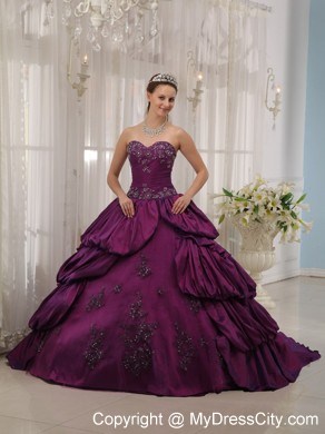 Pick-ups Purple Taffeta Sweetheart Appliques Quinceanera Dress