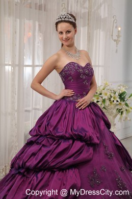 Pick-ups Purple Taffeta Sweetheart Appliques Quinceanera Dress