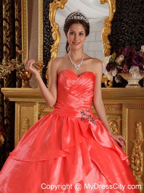 Watermelon Red Sweetheart Ruches Appliques Quinceanera Dress