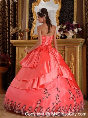 Watermelon Red Sweetheart Ruches Appliques Quinceanera Dress