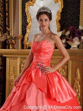 Watermelon Red Sweetheart Ruches Appliques Quinceanera Dress