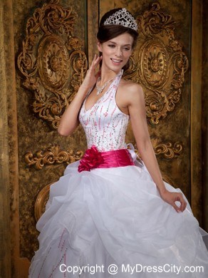 White Halter Pick-ups Sash Organza Quinceanera Dress for Sweet 16