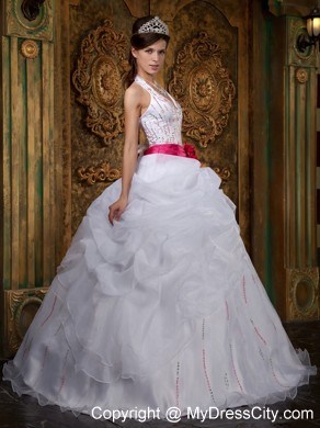 White Halter Pick-ups Sash Organza Quinceanera Dress for Sweet 16