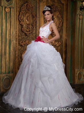 White Halter Pick-ups Sash Organza Quinceanera Dress for Sweet 16