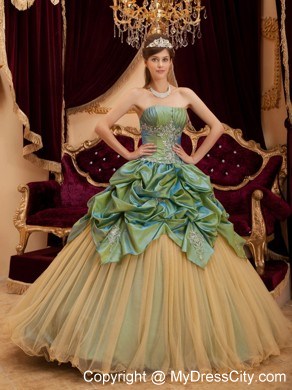 Olive Green Taffeta and Tulle Ruches Decorate Bust Quinceanera Dress