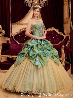 Olive Green Taffeta and Tulle Ruches Decorate Bust Quinceanera Dress