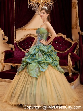 Olive Green Taffeta and Tulle Ruches Decorate Bust Quinceanera Dress