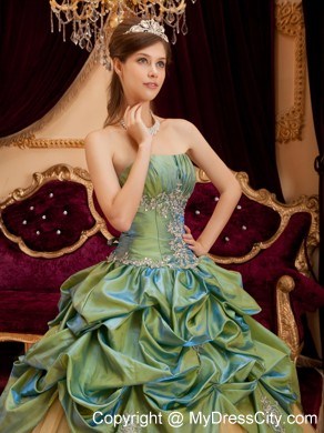 Olive Green Taffeta and Tulle Ruches Decorate Bust Quinceanera Dress