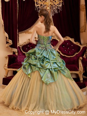 Olive Green Taffeta and Tulle Ruches Decorate Bust Quinceanera Dress