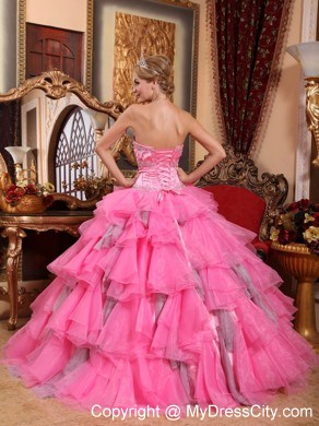 Rose Pink Ruffled Layers Organza Appliques Quinceanera Dress