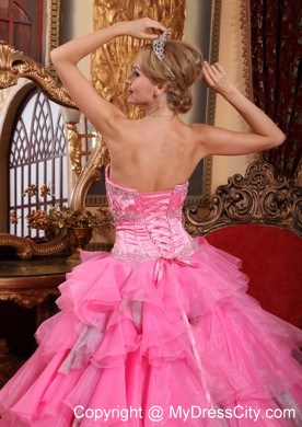 Rose Pink Ruffled Layers Organza Appliques Quinceanera Dress