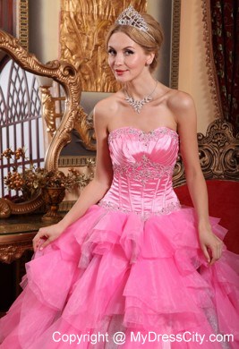 Rose Pink Ruffled Layers Organza Appliques Quinceanera Dress