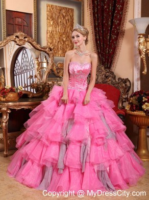 Rose Pink Ruffled Layers Organza Appliques Quinceanera Dress