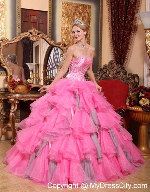 Rose Pink Ruffled Layers Organza Appliques Quinceanera Dress