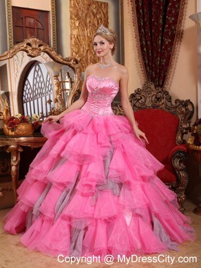 Rose Pink Ruffled Layers Organza Appliques Quinceanera Dress