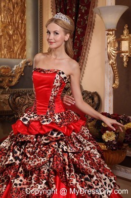 Red Organza Leopard 2013 Quinceanera Dress with Pick-ups Puffy