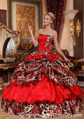 Red Organza Leopard 2013 Quinceanera Dress with Pick-ups Puffy