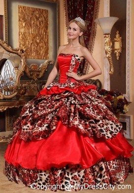 Red Organza Leopard 2013 Quinceanera Dress with Pick-ups Puffy