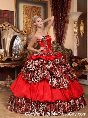 Red Organza Leopard 2013 Quinceanera Dress with Pick-ups Puffy