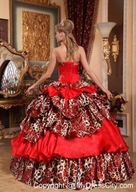 Red Organza Leopard 2013 Quinceanera Dress with Pick-ups Puffy