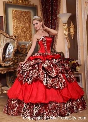 Red Organza Leopard 2013 Quinceanera Dress with Pick-ups Puffy