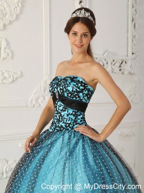 Black and Blue Appliques Strapless Special Fabric Quinceanera Dress