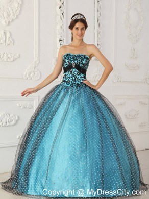 Black and Blue Appliques Strapless Special Fabric Quinceanera Dress