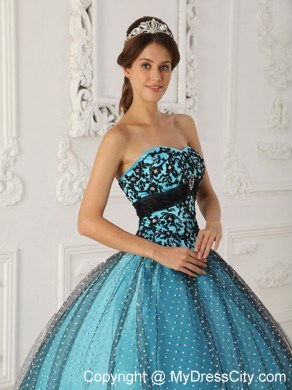 Black and Blue Appliques Strapless Special Fabric Quinceanera Dress