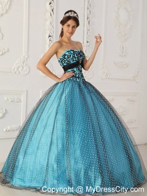 Black and Blue Appliques Strapless Special Fabric Quinceanera Dress