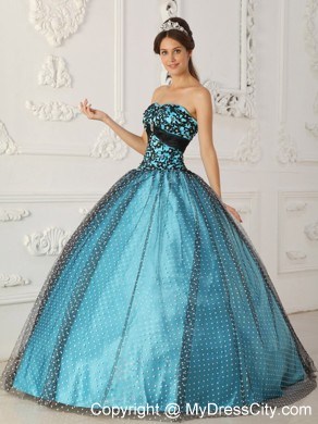 Black and Blue Appliques Strapless Special Fabric Quinceanera Dress