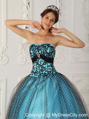 Black and Blue Appliques Strapless Special Fabric Quinceanera Dress