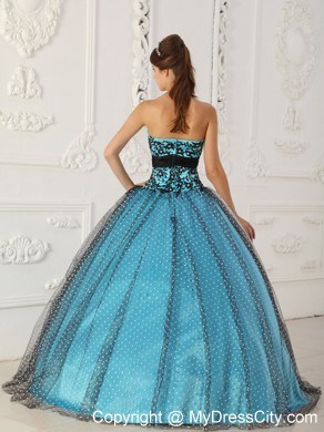 Black and Blue Appliques Strapless Special Fabric Quinceanera Dress