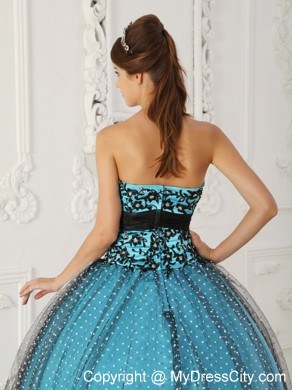 Black and Blue Appliques Strapless Special Fabric Quinceanera Dress