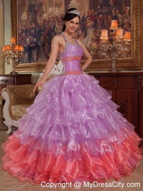 Two-toned Organza Halter Dress For Sweet 15 with Ruffled Layers