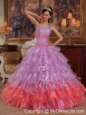 Two-toned Organza Halter Dress For Sweet 15 with Ruffled Layers