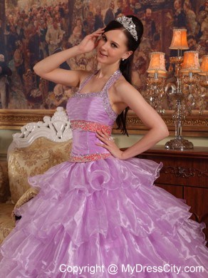 Two-toned Organza Halter Dress For Sweet 15 with Ruffled Layers