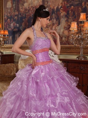 Two-toned Organza Halter Dress For Sweet 15 with Ruffled Layers