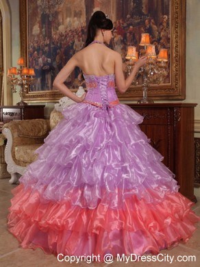 Two-toned Organza Halter Dress For Sweet 15 with Ruffled Layers