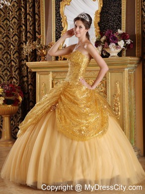 2013 New Sequins Gold Tulle Dress For Sweet 15 with Sweetheart