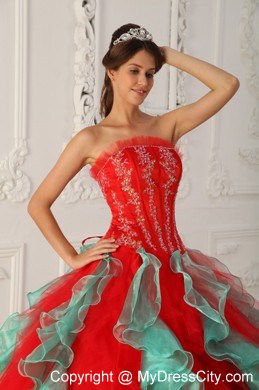 Fashion Red and Green Organza Ruffles Sweet 15 Dress