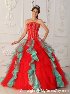 Fashion Red and Green Organza Ruffles Sweet 15 Dress