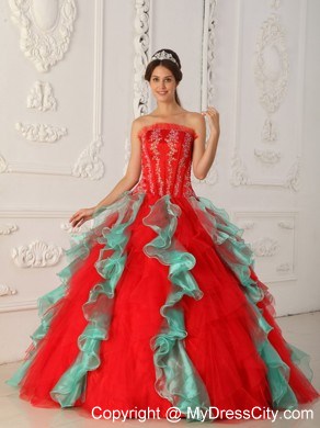 Fashion Red and Green Organza Ruffles Sweet 15 Dress