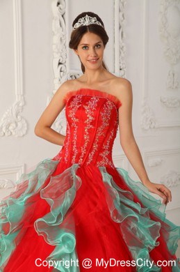 Fashion Red and Green Organza Ruffles Sweet 15 Dress