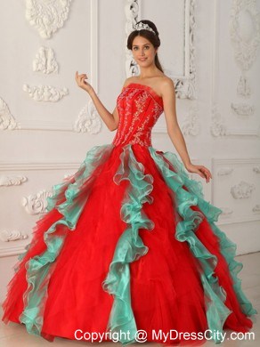 Fashion Red and Green Organza Ruffles Sweet 15 Dress