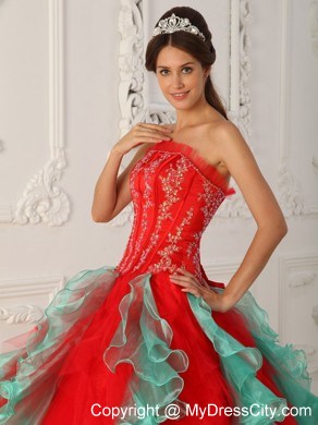 Fashion Red and Green Organza Ruffles Sweet 15 Dress